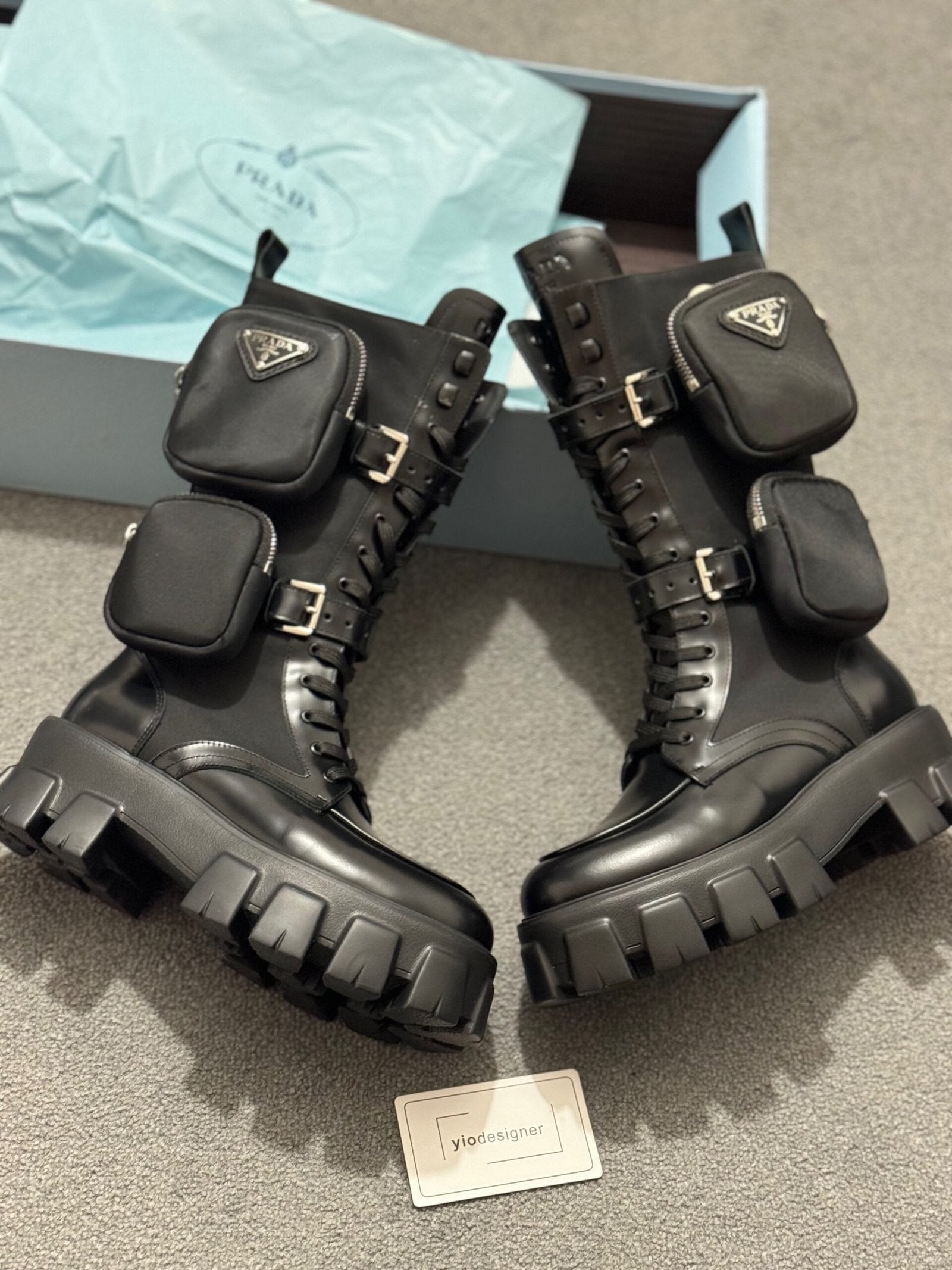 Prada | Prada Monolith 55mm Pouch Tall Boots | Size 4 | Front View | yiodesigner.co.uk