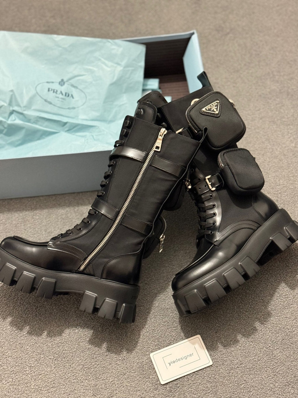 Prada | Prada Monolith 55mm Pouch Tall Boots | Detail Shot | yiodesigner.co.uk
