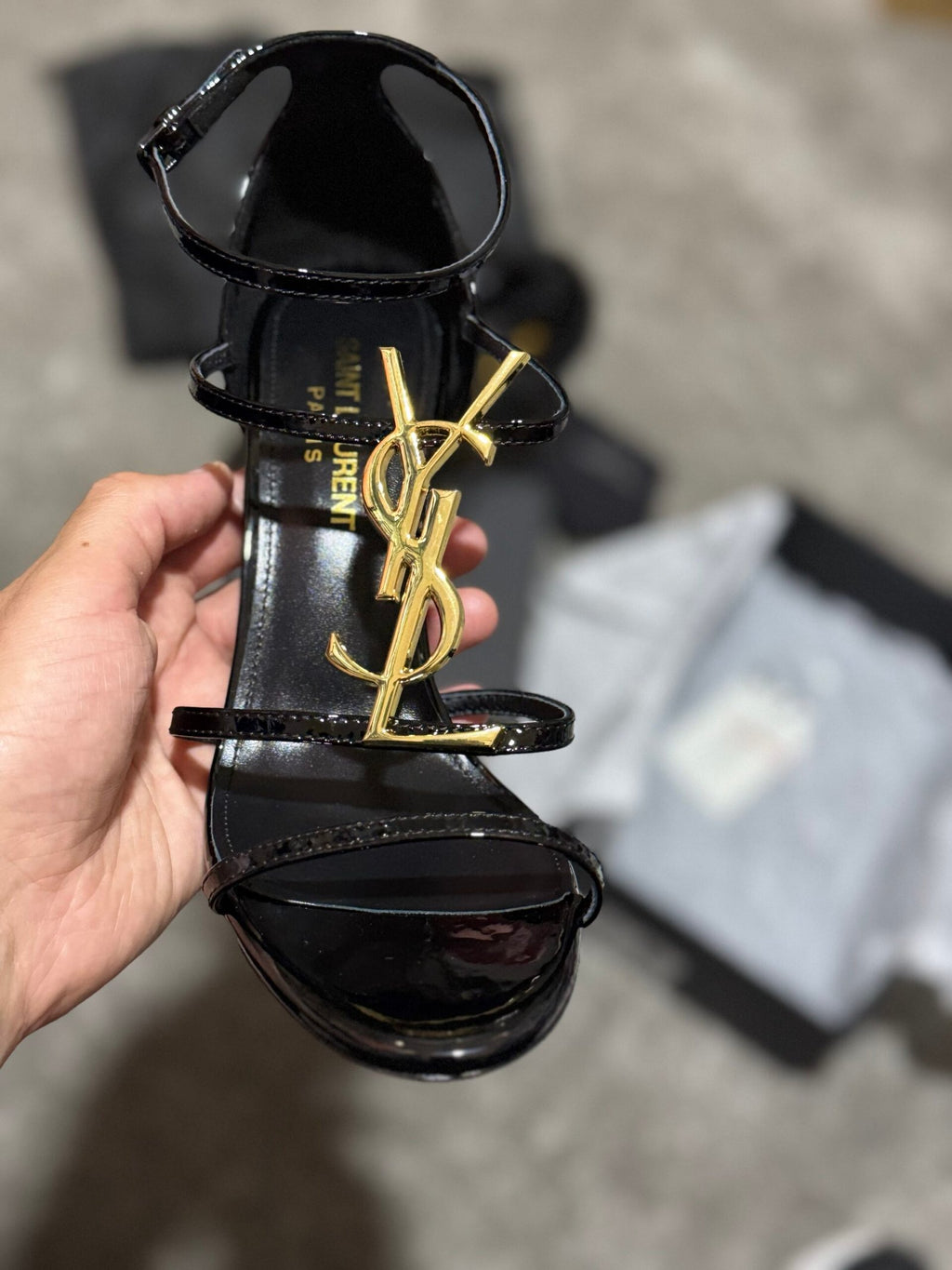 Saint Laurent | Saint Laurent Cassandre Logo Plaque Sandals ysl | Size 6 | Front View | yiodesigner.co.uk