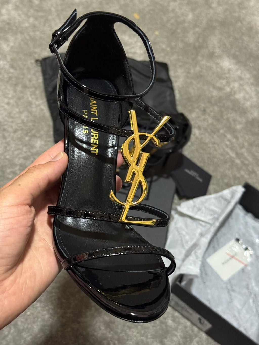 Saint Laurent | Saint Laurent Cassandre Logo Plaque Sandals ysl | Back View | yiodesigner.co.uk