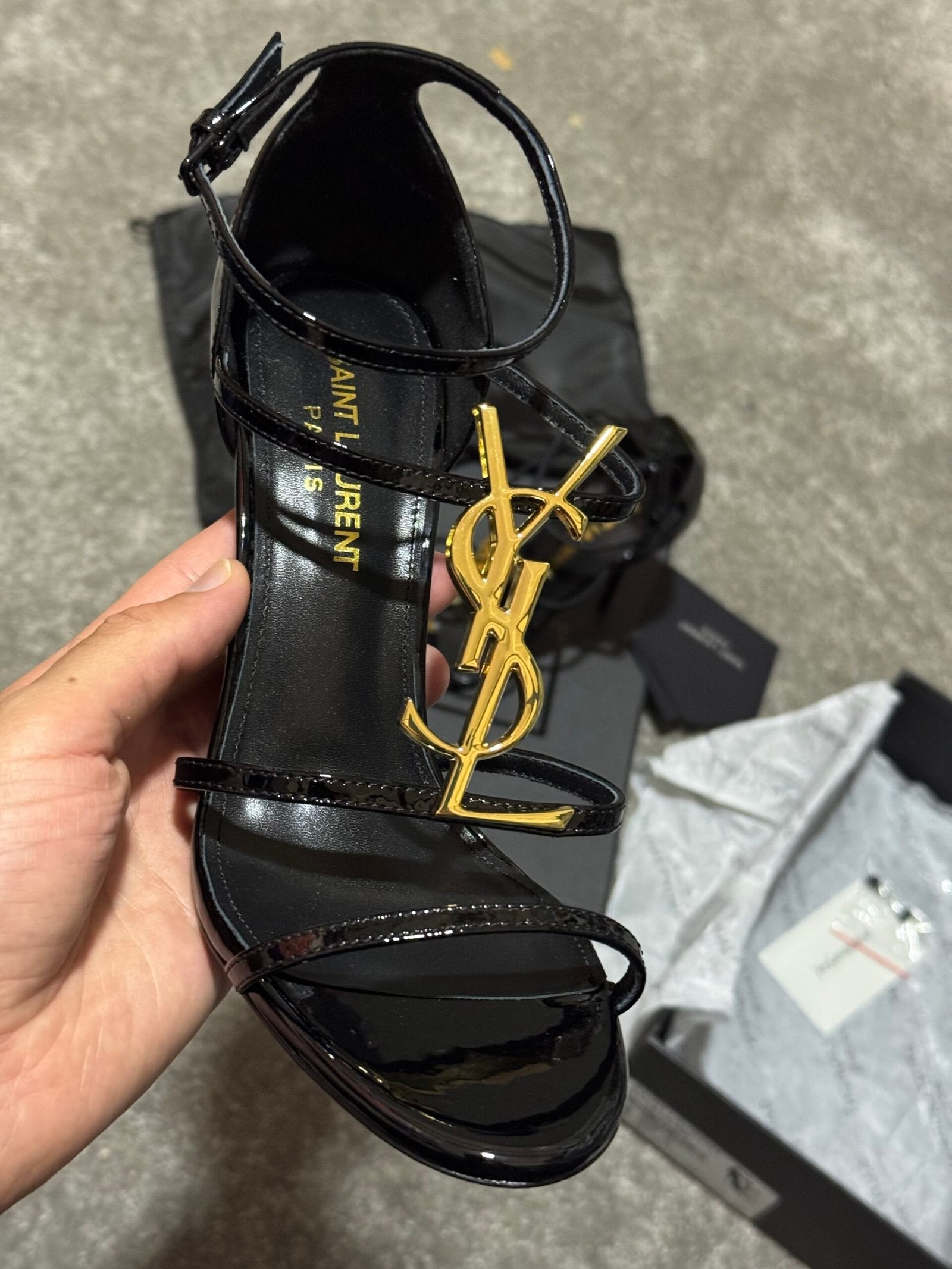 Saint Laurent | Saint Laurent Cassandre Logo Plaque Sandals ysl | Back View | yiodesigner.co.uk